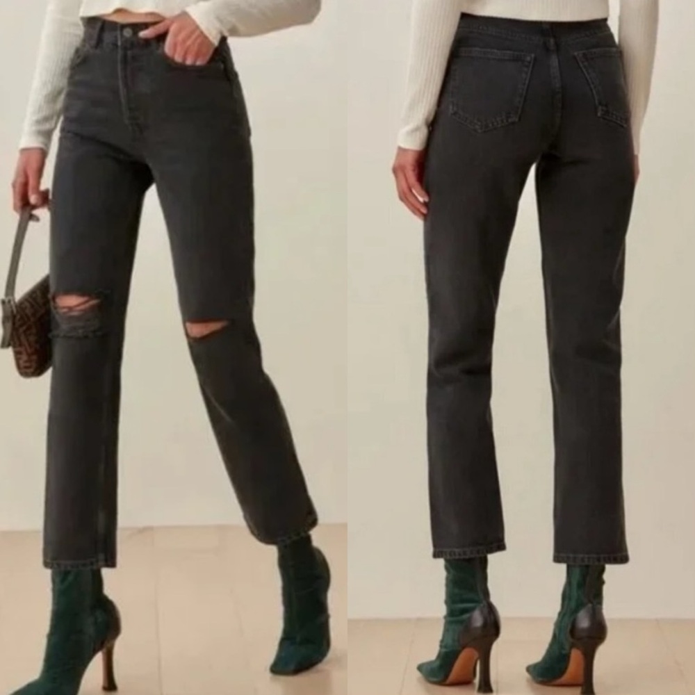 New Reformation Cynthia High Rise Straight Leg Jeans Lagoon Destroyed Black 23